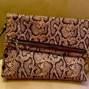 Snake-Print Foldover Clutch in Brown and Cream
